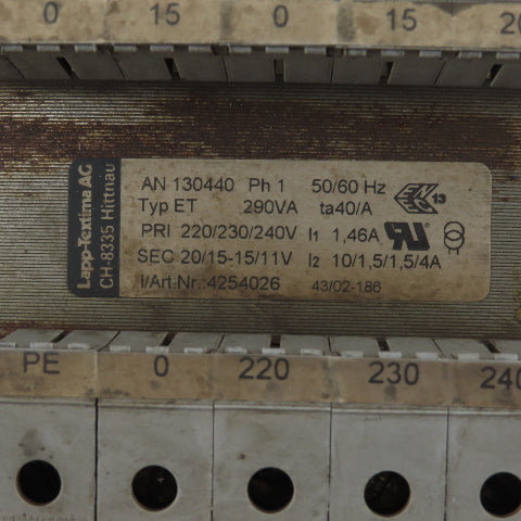 Lapp-Textima Type ET Transformer 220/240V 290VA 20-15/11V Secondary 50/60Hz 1Ph