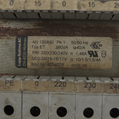 Lapp-Textima Type ET Transformer 220/240V 290VA 20-15/11V Secondary 50/60Hz 1Ph
