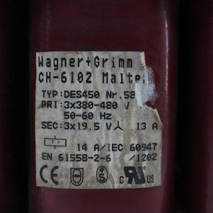 Wagner + Grimm DES450 Nr. 58 Transformer Pri. 380-480V 50/60Hz Sec. 19.5V Wye