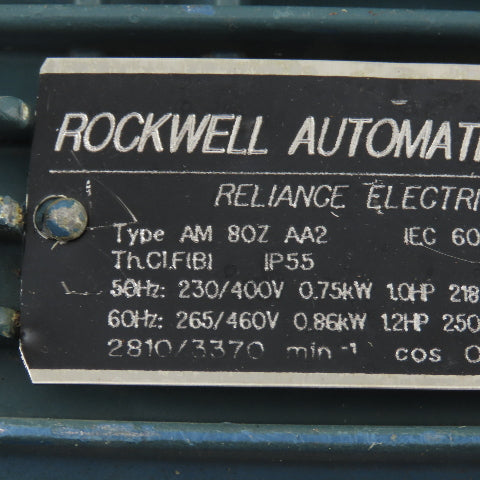 Reliance Type AM 80Z AA2 1.2Hp Electric Motor 250-277/440-480V  3Ph 3370RPM