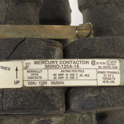 Mercury Displacement 360NO-120A-18 Mercury Contactor 480V 60A 120V Coil