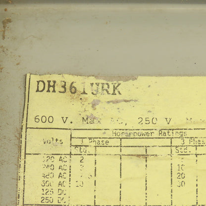Cutler Hammer DH361URK 600V 30A 3 Pole Non Fused Safety Disconnect