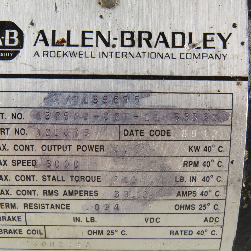 Allen Bradley 1326AB-C2E-11-339 6C 5.2kW 3000RPM AC Servo Motor