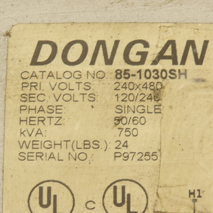 Dongan 85-1030SH 240/480V Pri .750kVA 120/240V Sec. Single Phase Transformer 1Ph