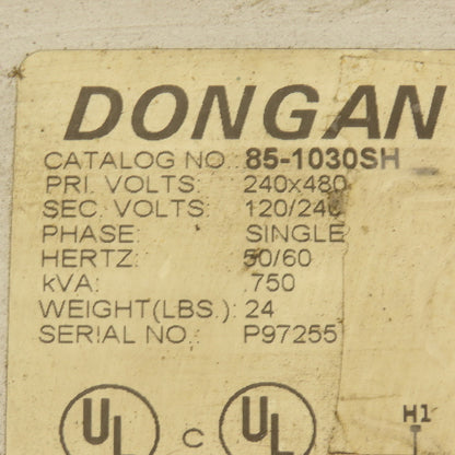 Dongan 85-1030SH 240/480V Pri .750kVA 120/240V Sec. Single Phase Transformer 1Ph