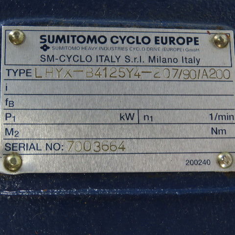 Sumitomo Cyclo LHYX-B4125Y4-207/90/A200 Right Angle Gear Reducer 207:1 Ratio