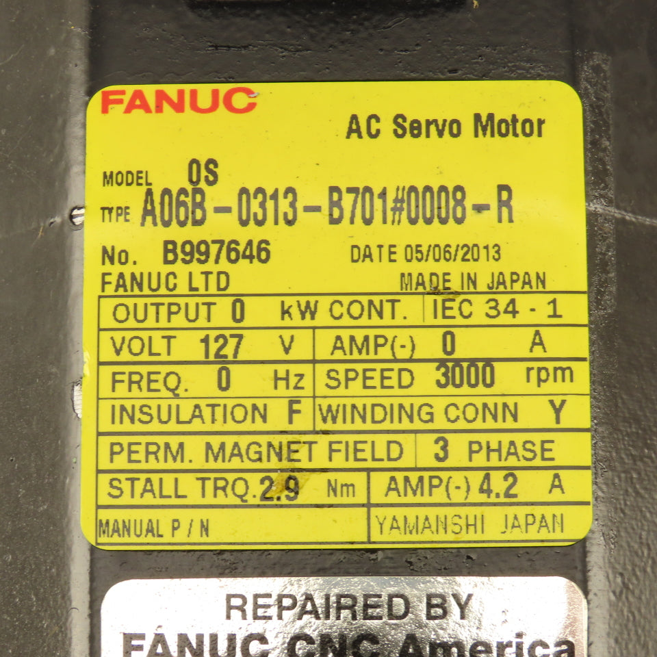Fanuc A06B-0313-B701 3000 RPM 124VAC 3Ph AC Servo Motor