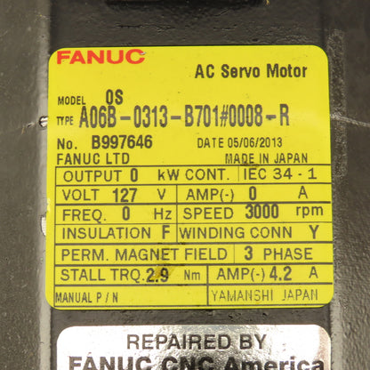 Fanuc A06B-0313-B701 3000 RPM 124VAC 3Ph AC Servo Motor