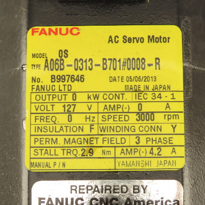 Fanuc A06B-0313-B701 3000 RPM 124VAC 3Ph AC Servo Motor