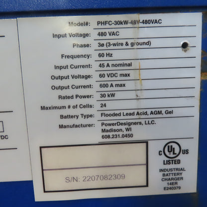 Power Charge PHFC-30KW-48V-480V 24/36/48 VDC Multi-Volt Forklift Battery Charger