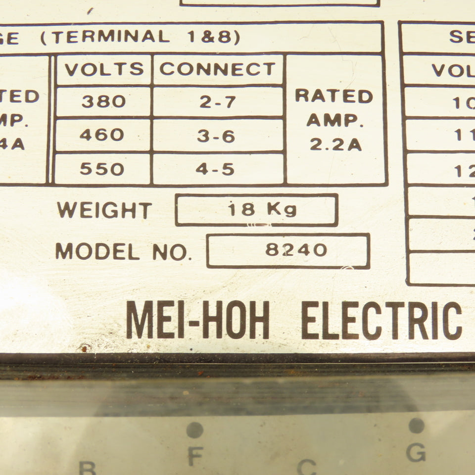 Mei-Hoh Model 8240 190-550V Pri 1.1kVa 100/30V Sec. Multitap 1Ph Transformer