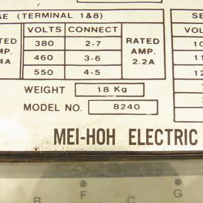 Mei-Hoh Model 8240 190-550V Pri 1.1kVa 100/30V Sec. Multitap 1Ph Transformer