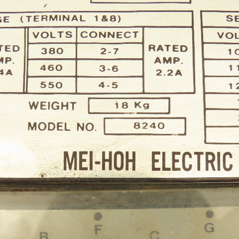 Mei-Hoh Model 8240 190-550V Pri 1.1kVa 100/30V Sec. Multitap 1Ph Transformer
