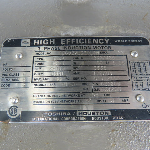 Toshiba B0602VLG3UL0H 60Hp Electric Motor 3535RPM 208-230/460V 3Ph 326TS Frame