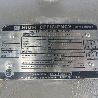 Toshiba B0602VLG3UL0H 60Hp Electric Motor 3535RPM 208-230/460V 3Ph 326TS Frame