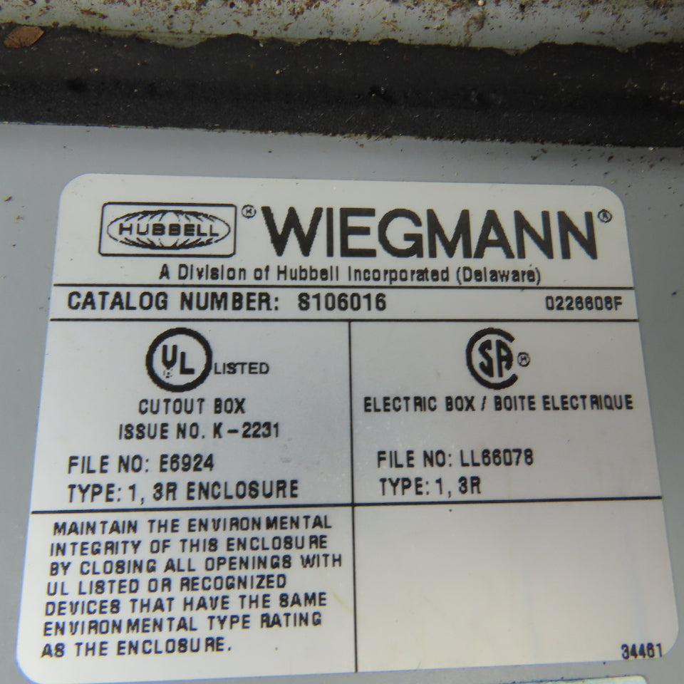 Wiegman 8106016 Wall Mount Electrical Enclosure W/Back Plate & Extras 20"x16"x6"