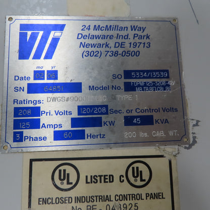 Vti FDPMF125 Fused Load Center 125A 208V 38 Single Pole 20A 60A 3 Pole Breakers