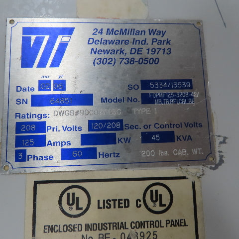 Vti FDPMF125 Fused Load Center 125A 208V 38 Single Pole 20A 60A 3 Pole Breakers