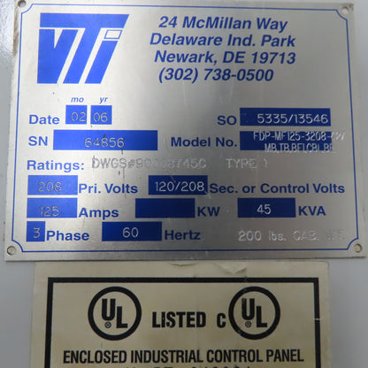 Vti FDPMF125 Fused Load Center 125A 208V 41 Single Pole 20A Breakers