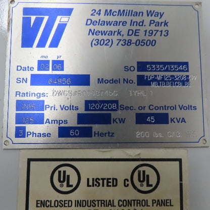 Vti FDPMF125 Fused Load Center 125A 208V 41 Single Pole 20A Breakers