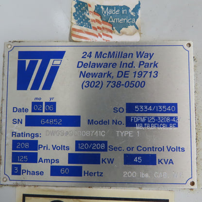 Vti FDPMF125 Fused Load Center 125A 208V 41 Single Pole 20A Breakers
