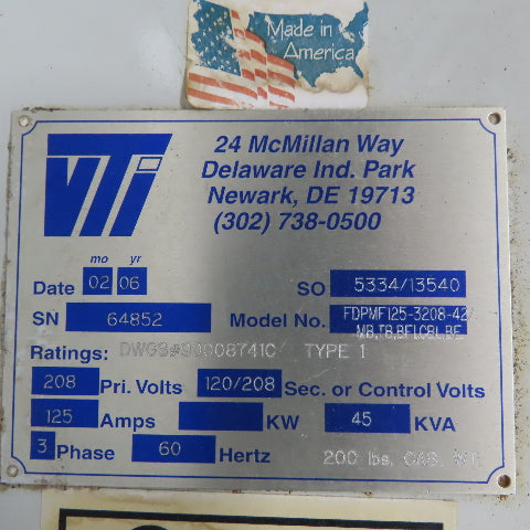Vti FDPMF125 Fused Load Center 125A 208V 41 Single Pole 20A Breakers