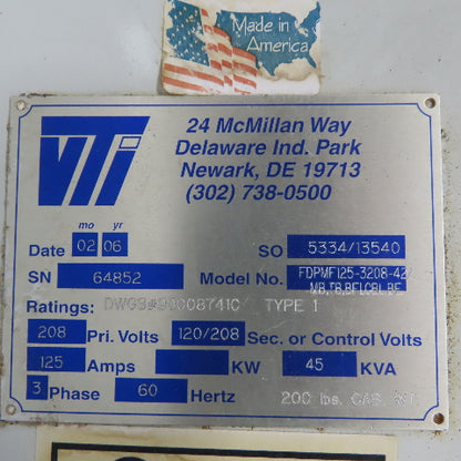 Vti FDPMF125 Fused Load Center 125A 208V 41 Single Pole 20A Breakers