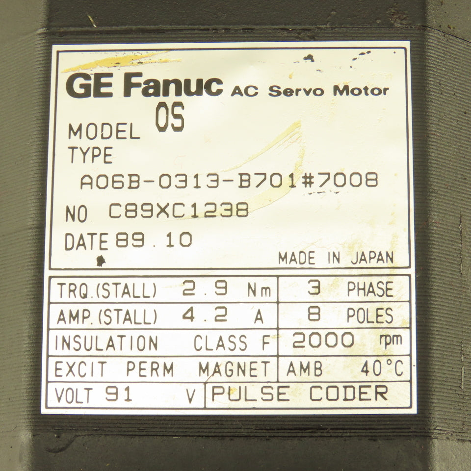 GE Fanuc A06B-0313-B701 Model OS AC Servo Motor 91V 2000RPM 4.2A 3Ph