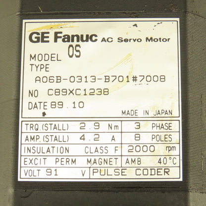 GE Fanuc A06B-0313-B701 Model OS AC Servo Motor 91V 2000RPM 4.2A 3Ph