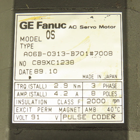 GE Fanuc A06B-0313-B701 Model OS AC Servo Motor 91V 2000RPM 4.2A 3Ph