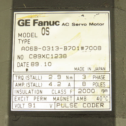 GE Fanuc A06B-0313-B701 Model OS AC Servo Motor 91V 2000RPM 4.2A 3Ph