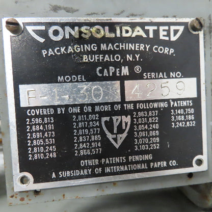 Consolidated Packaging F-1-30 Capem 30" Centrifugal Cap Sorter Feeder 480V 3Ph