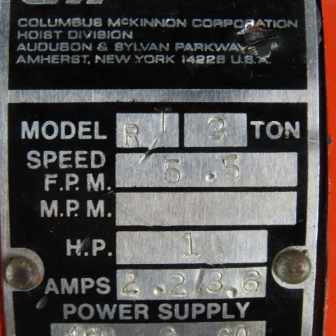 CM Lodestar Model RT Electric Chain Hoist 3 Ton 5.5FPM 7' Lift 230/460V 3Ph