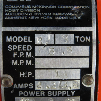 CM Lodestar Model RT Electric Chain Hoist 3 Ton 5.5FPM 7' Lift 230/460V 3Ph