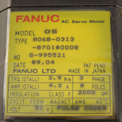 Fanuc A06B-0313-B701 2000RPM 91V AC Servo Motor 2000RPM Brake Pulse Coder