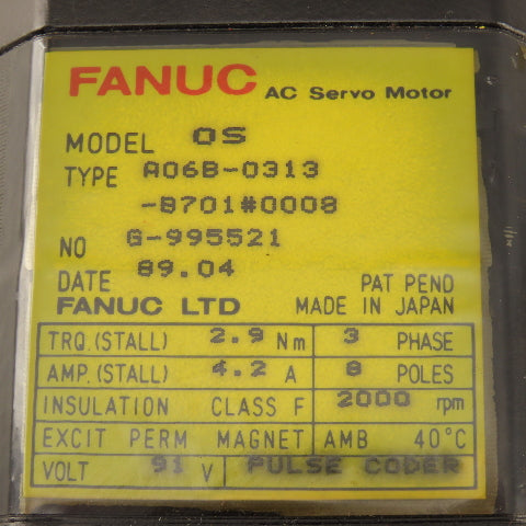 Fanuc A06B-0313-B701 2000RPM 91V AC Servo Motor 2000RPM Brake Pulse Coder