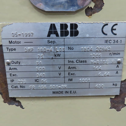 ABB FR 158 501-BM DMP180-4LDS 100Hp  DC Electric Motor 500VDC 164A
