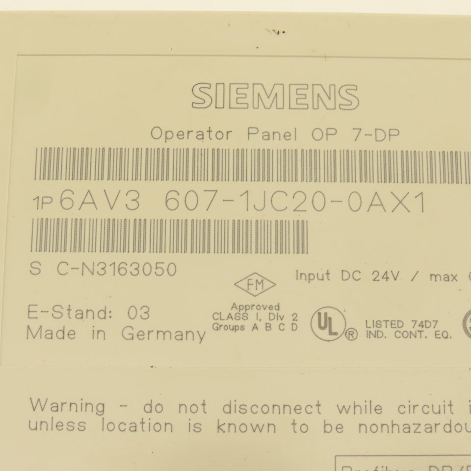Siemens 6AV3 607-1JC20-0AX1 OP 7-DP Operator Panel