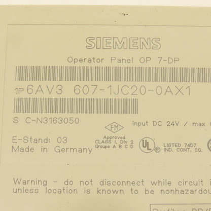 Siemens 6AV3 607-1JC20-0AX1 OP 7-DP Operator Panel