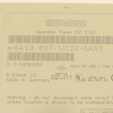 Siemens 6AV3 607-1JC20-0AX1 OP 7-DP Operator Panel