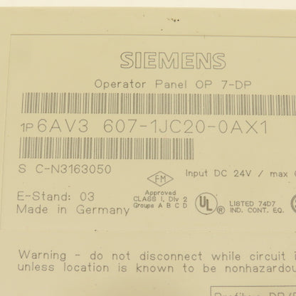 Siemens 6AV3 607-1JC20-0AX1 OP 7-DP Operator Panel