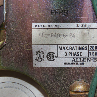 Allen Bradley 512-BAB-6-24 Combination Motor Starter Enclosure 509-B0D Sz 1 10Hp