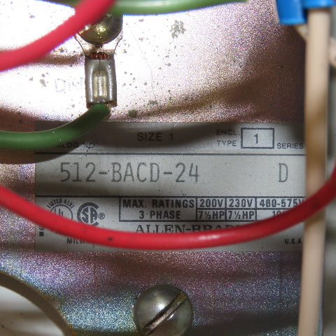 Allen Bradley 512-BACD-24 Combination Motor Starter Enclosure 509-B0D Sz 1 10Hp