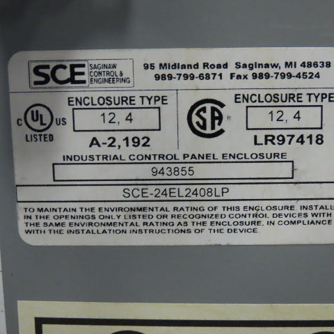 SCE 24EL2408LP Electrical Enclosure 24x24x8" Free Standing Hinged W/Back Plate