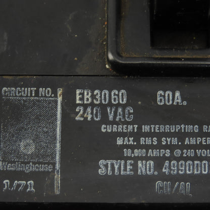 Westinghouse EB3060 60A Circuit Breaker 3 Pole 240VAC