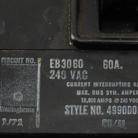 Westinghouse EB3060 60A Circuit Breaker 3 Pole 240VAC
