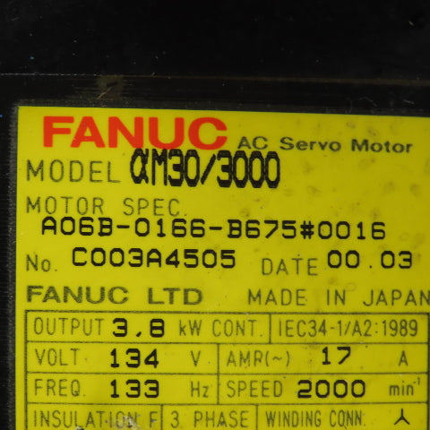 Fanuc A06B-0166-B675 aM30/3000 AC Servo Motor 134V 133Hz 3Ph 2000RPM