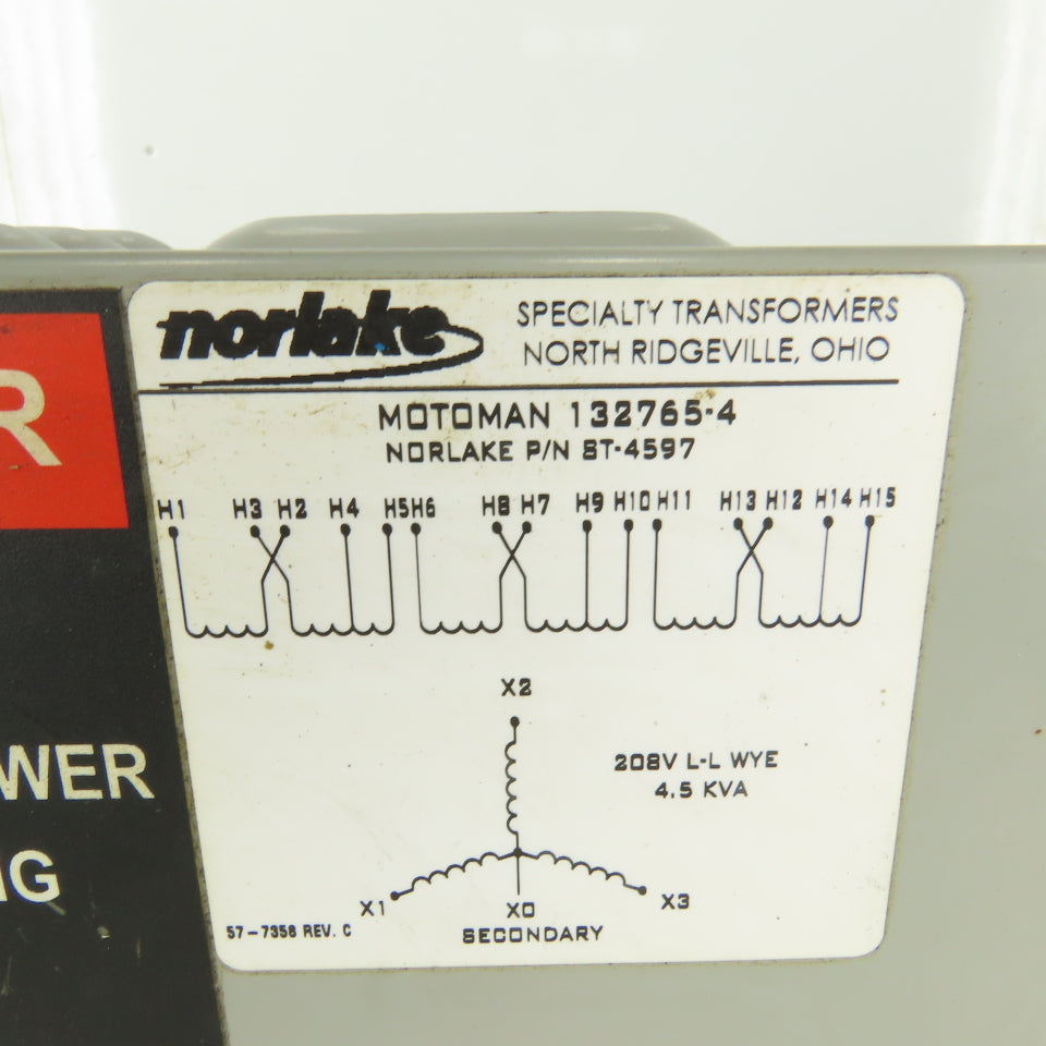 Norlake ST-4597 Motoman 132765-4 Robot Transformer 240-575HV x 208LV 4.5kVa