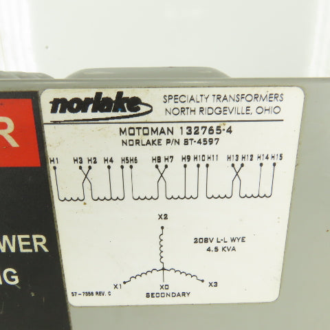 Norlake ST-4597 Motoman 132765-4 Robot Transformer 240-575HV x 208LV 4.5kVa