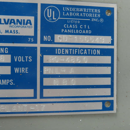 GTE Sylvania R0-4860 225A 3Ph 120/208V Circuit Breaker Load Center